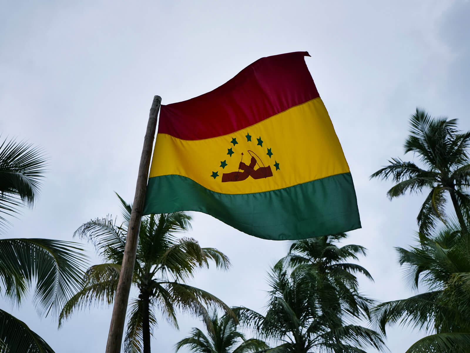 Official Guna Yala flag with red, yellow and green stripes and crossed arms symbol