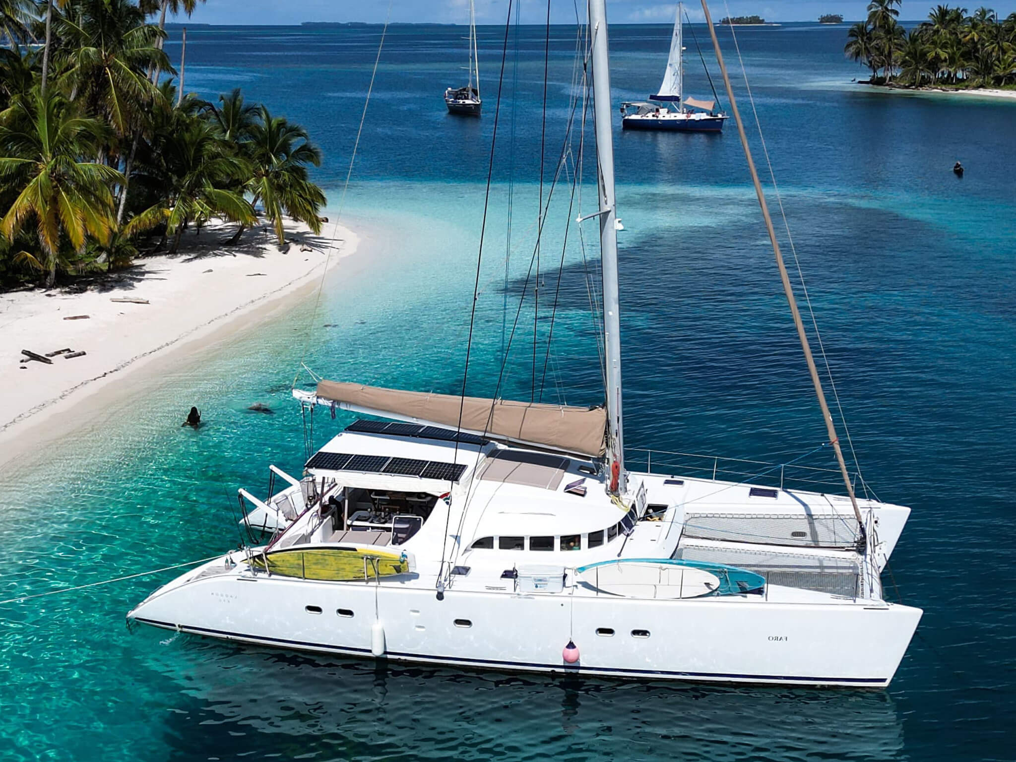 Front and side view of Catamaran Atila anchored in the turquoise waters of San Blas.