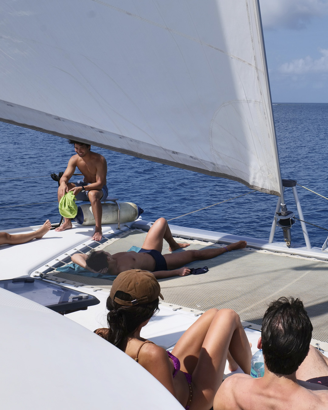 View of the trampoline on the bow of a sailing catamaran Trampoline on the bow of a catamaran over the sea