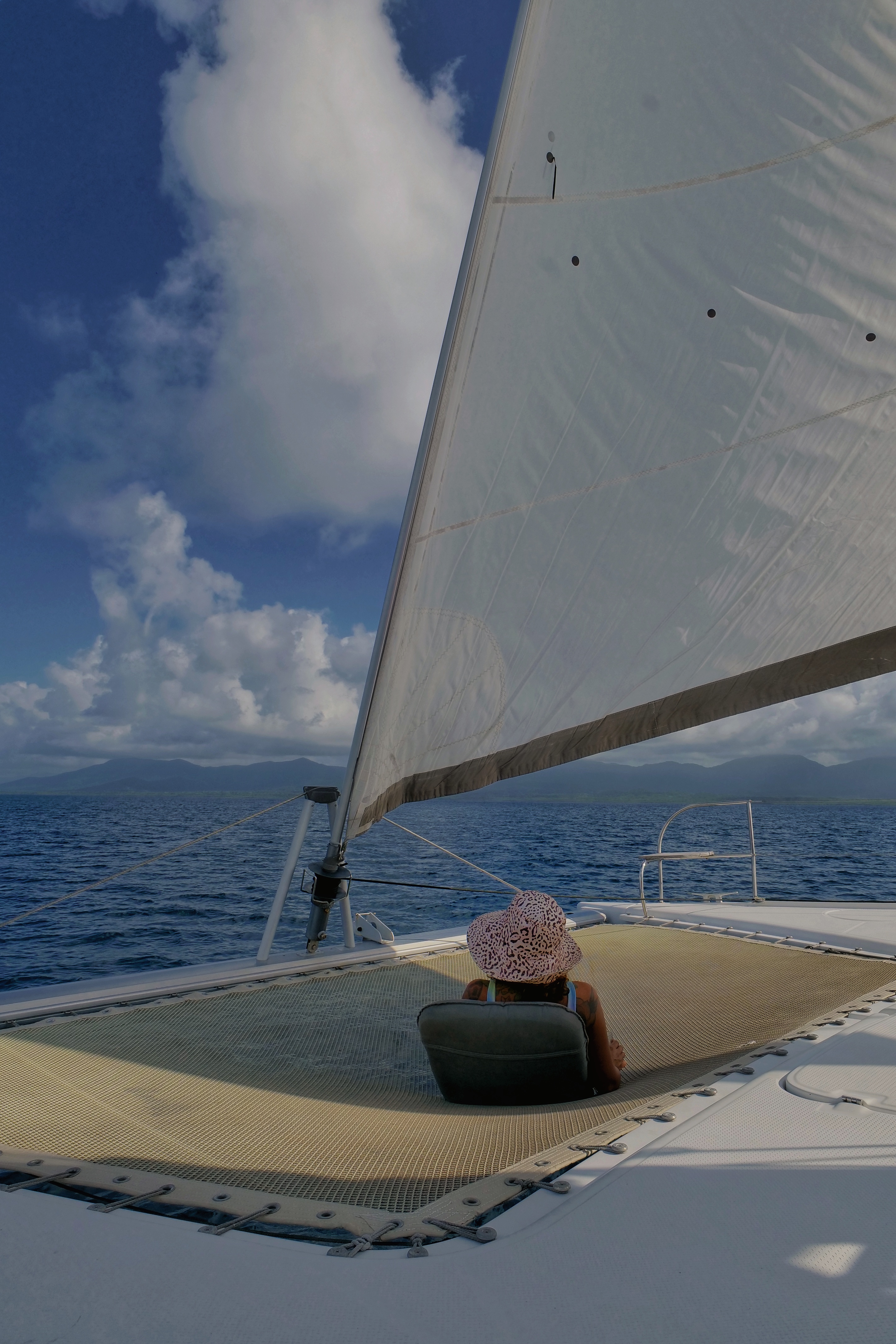 View of the trampoline on the bow of a sailing catamaran Trampoline on the bow of a catamaran over the sea