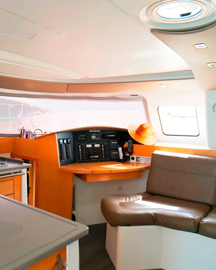 Starboard stern cabin on Catamaran Atila with comfortable bedding and natural light.