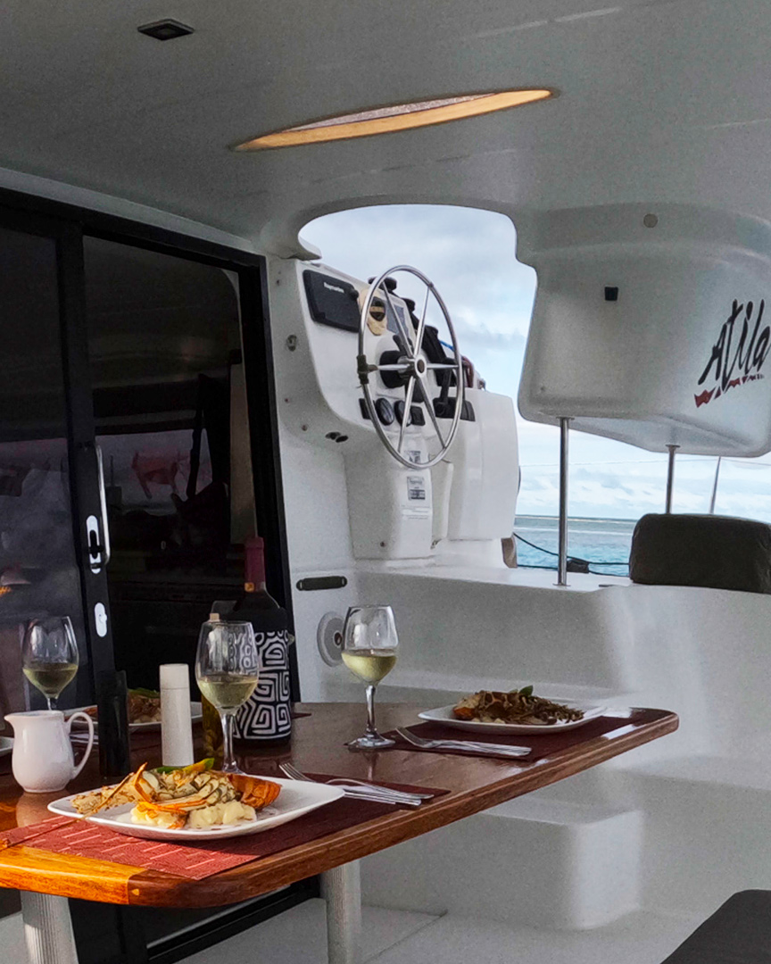 Starboard stern cabin on Catamaran Atila with comfortable bedding and natural light.