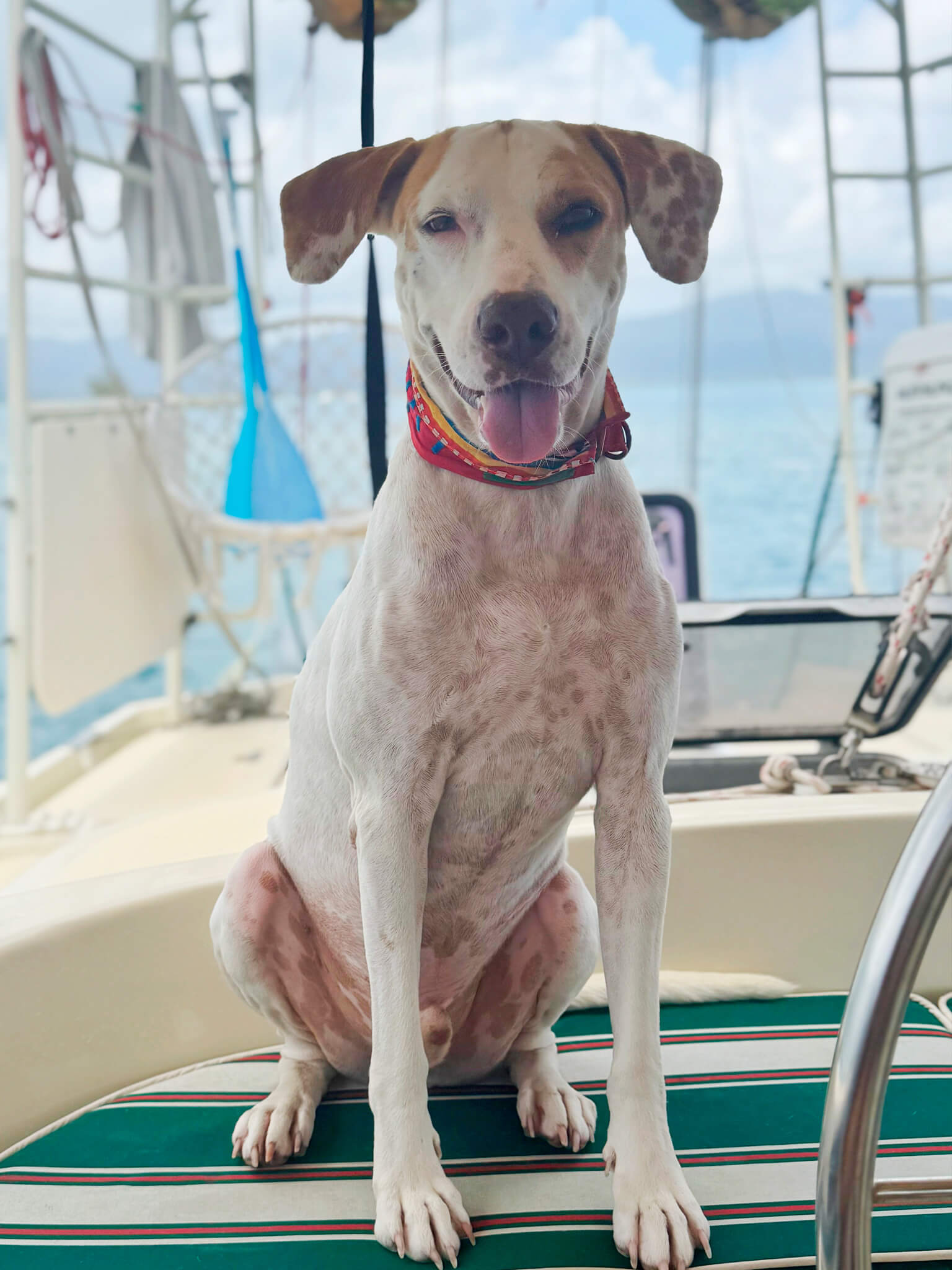 Front and side view of Catamaran Atila anchored in the turquoise waters of Guna Yala.
